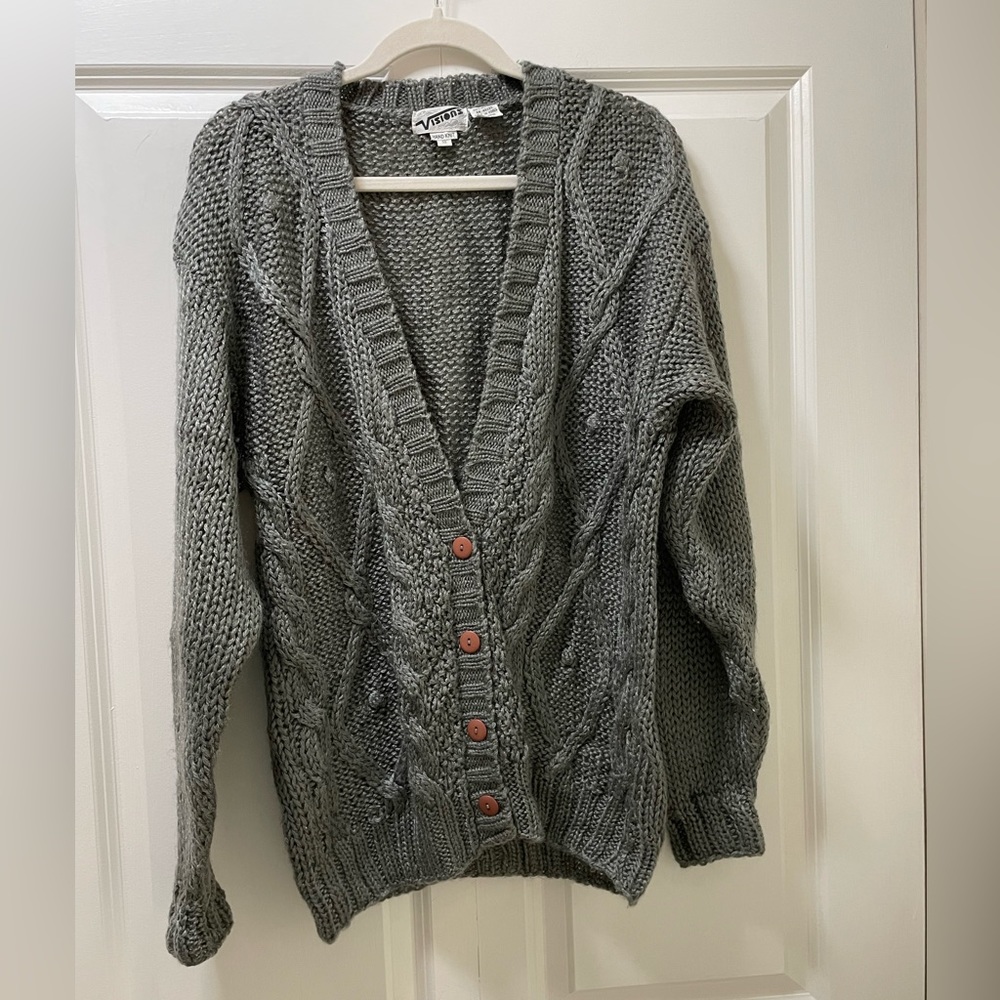 Visions Brand, Hand Cable Knit Grey Small Oversized Sweater Cardigan EUC